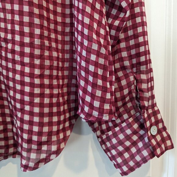 American Rag Cie Button-up Blouse Sheer Top Womens XL Red White Gingham Roll-Tab - Picture 13 of 15
